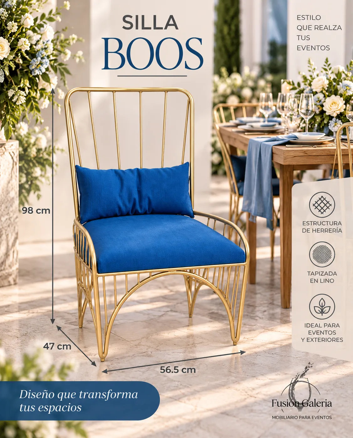 SILLA BOOS DORADA CON COJIN AZUL - imagen 2