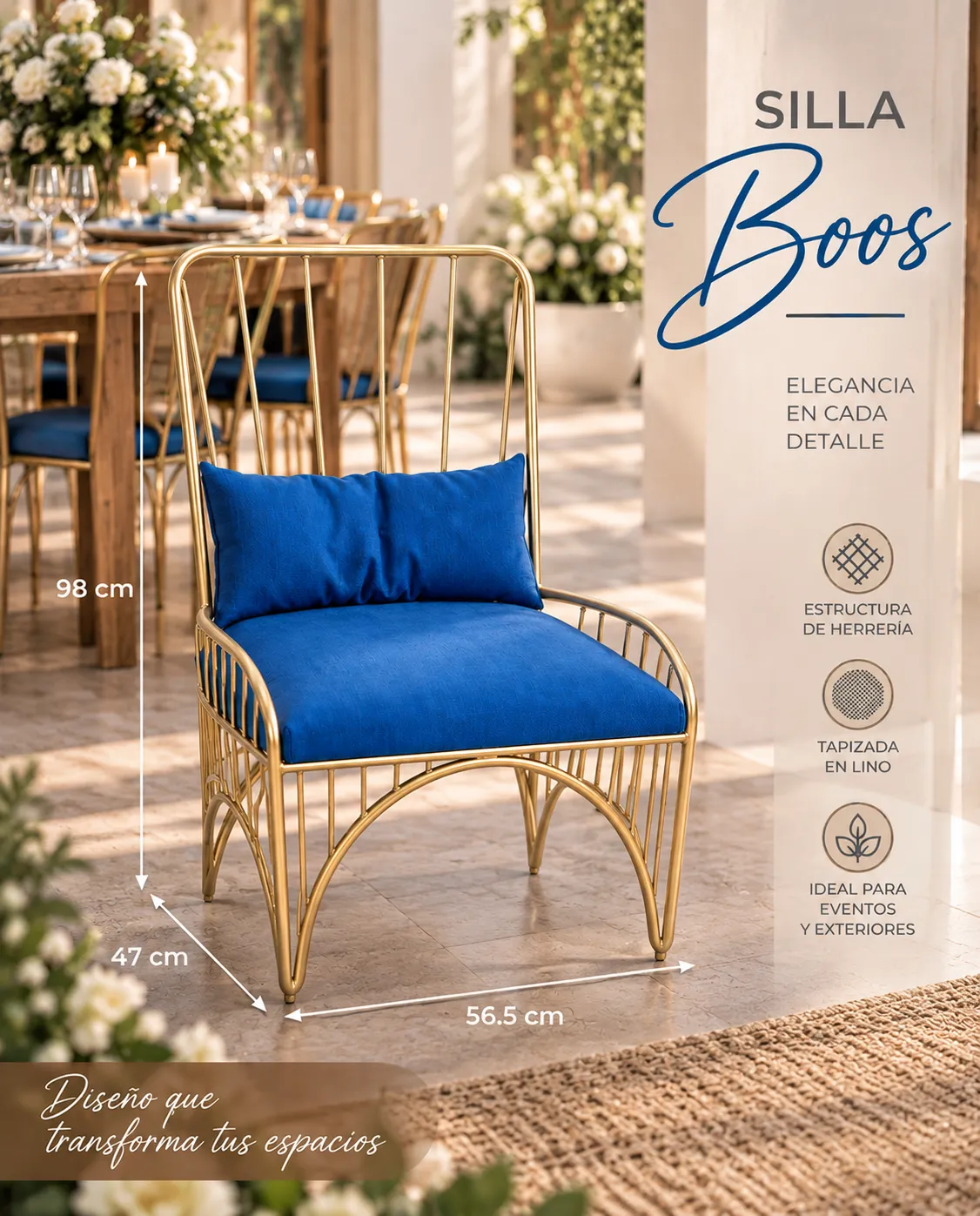 SILLA BOOS DORADA CON COJIN AZUL - imagen 3