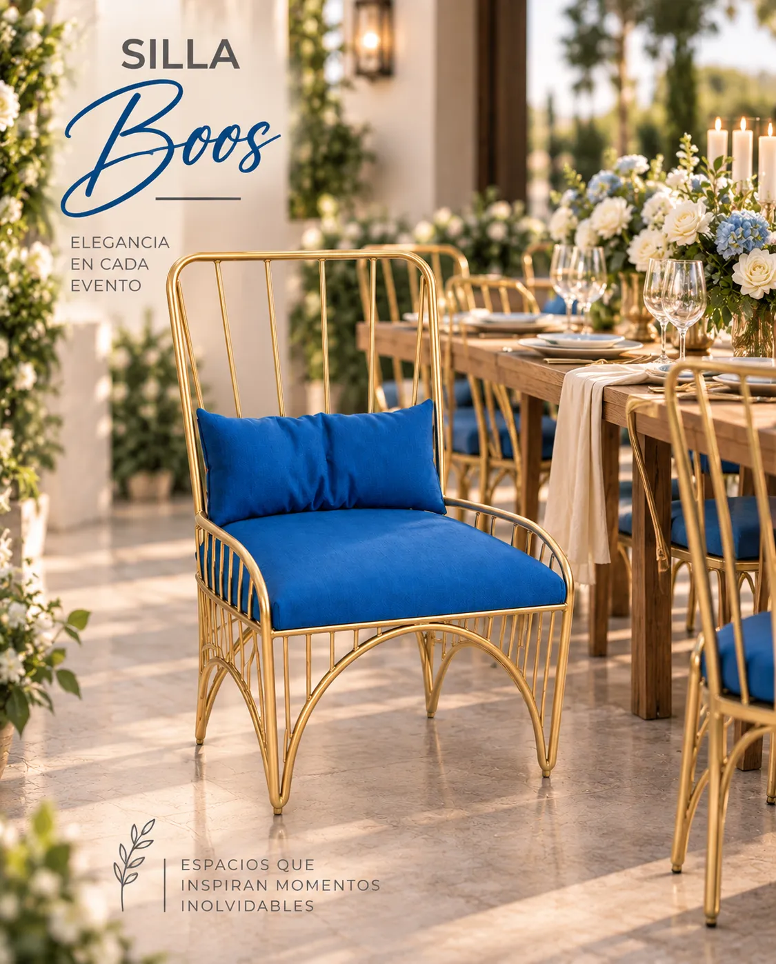 SILLA BOOS DORADA CON COJIN AZUL - imagen 5