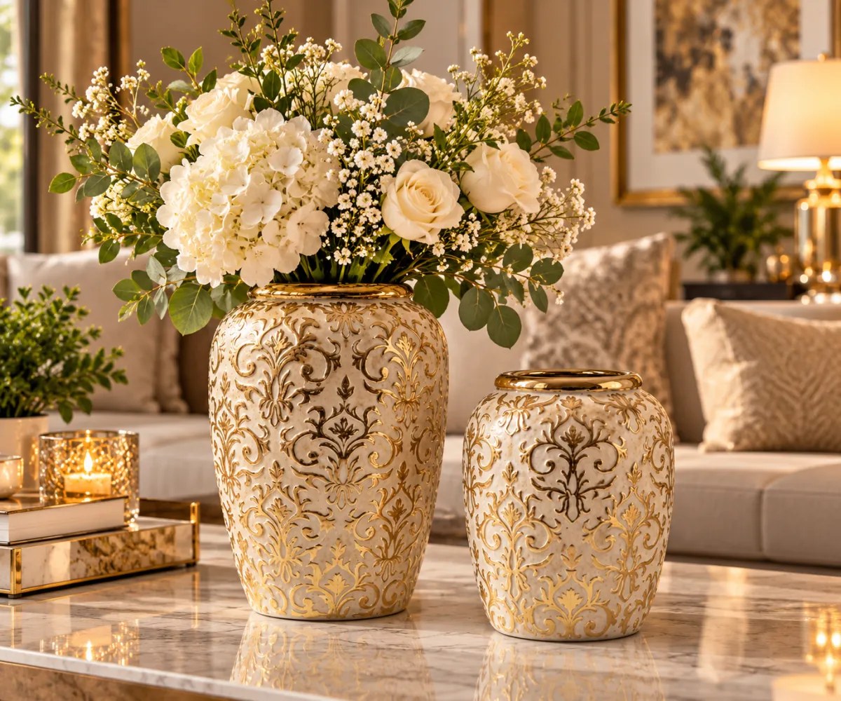 JARRON DE CERAMICA CREMA Y DORADO