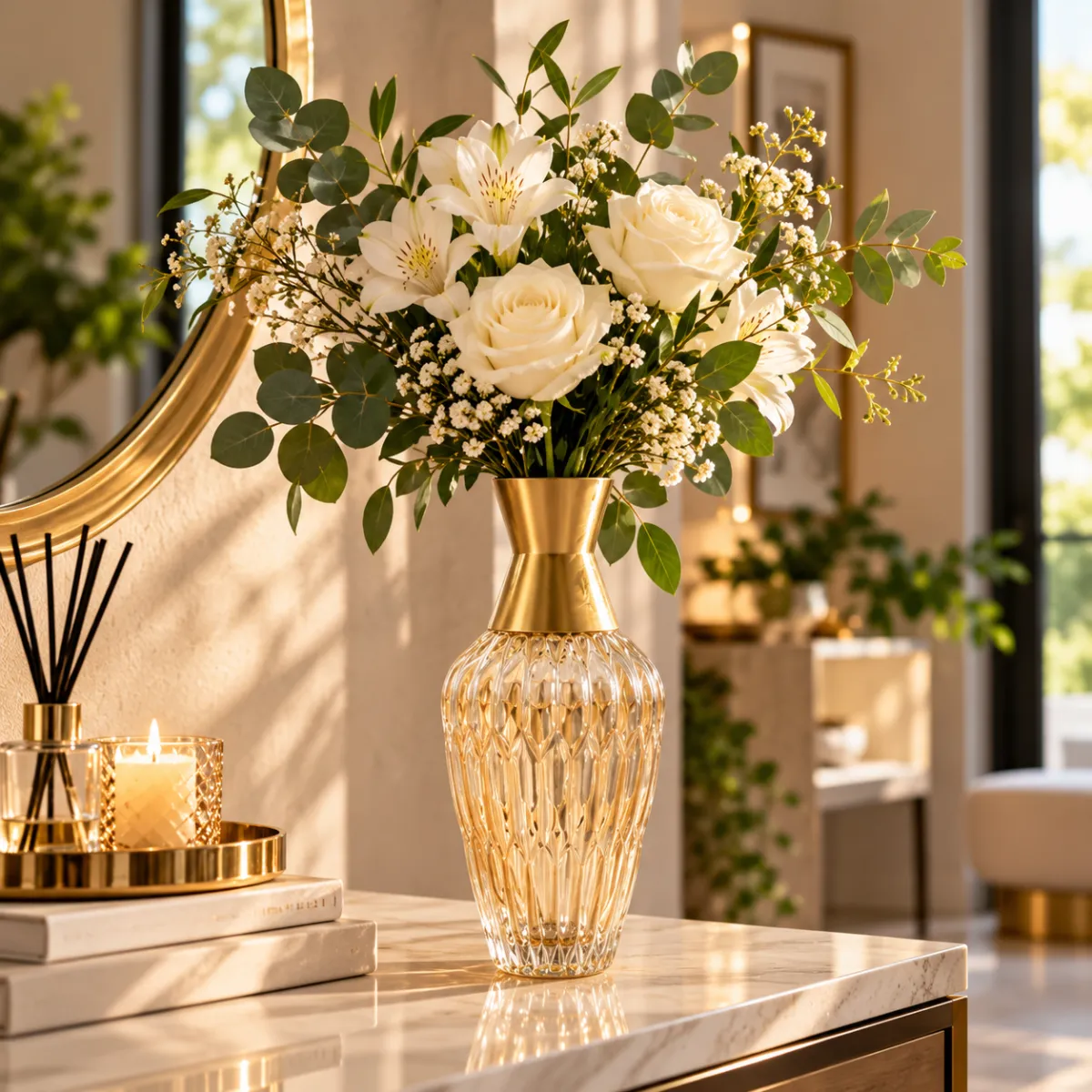 FLORERO DE CRISTAL AMBAR CON CUELLO DORADO - imagen 3
