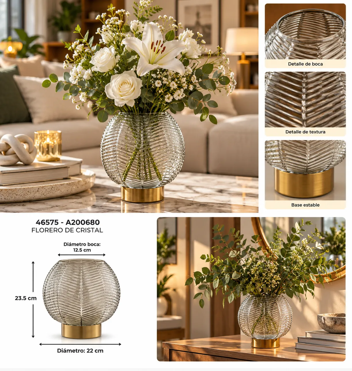 FLORERO DE CRISTAL ACANALADO CON BASE DORADA - imagen 2