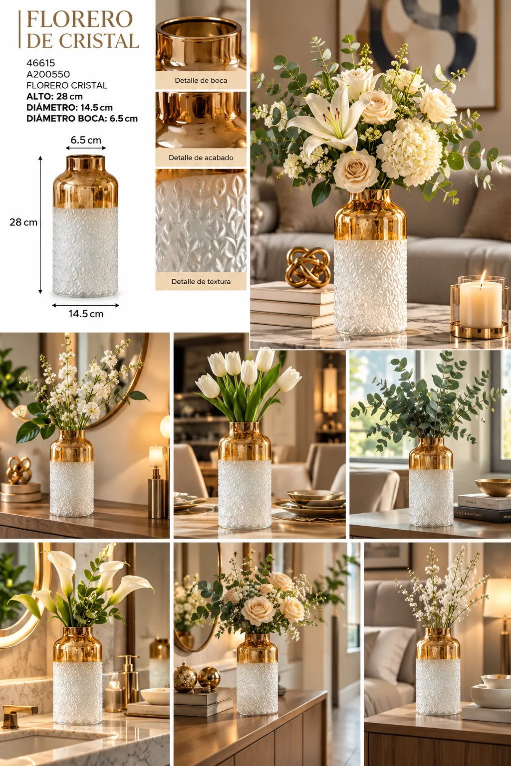 FLORERO DE CRISTAL BLANCO TEXTURIZADO CON DETALLE DORADO - imagen 2