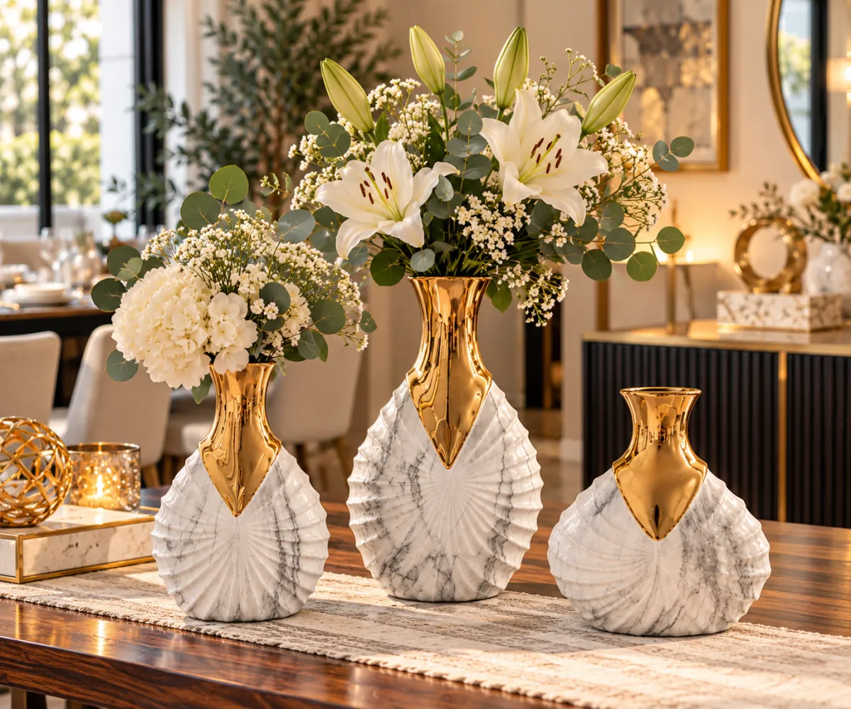 FLORERO CERAMICA BLANCO MARMOLEADO Y DORADO